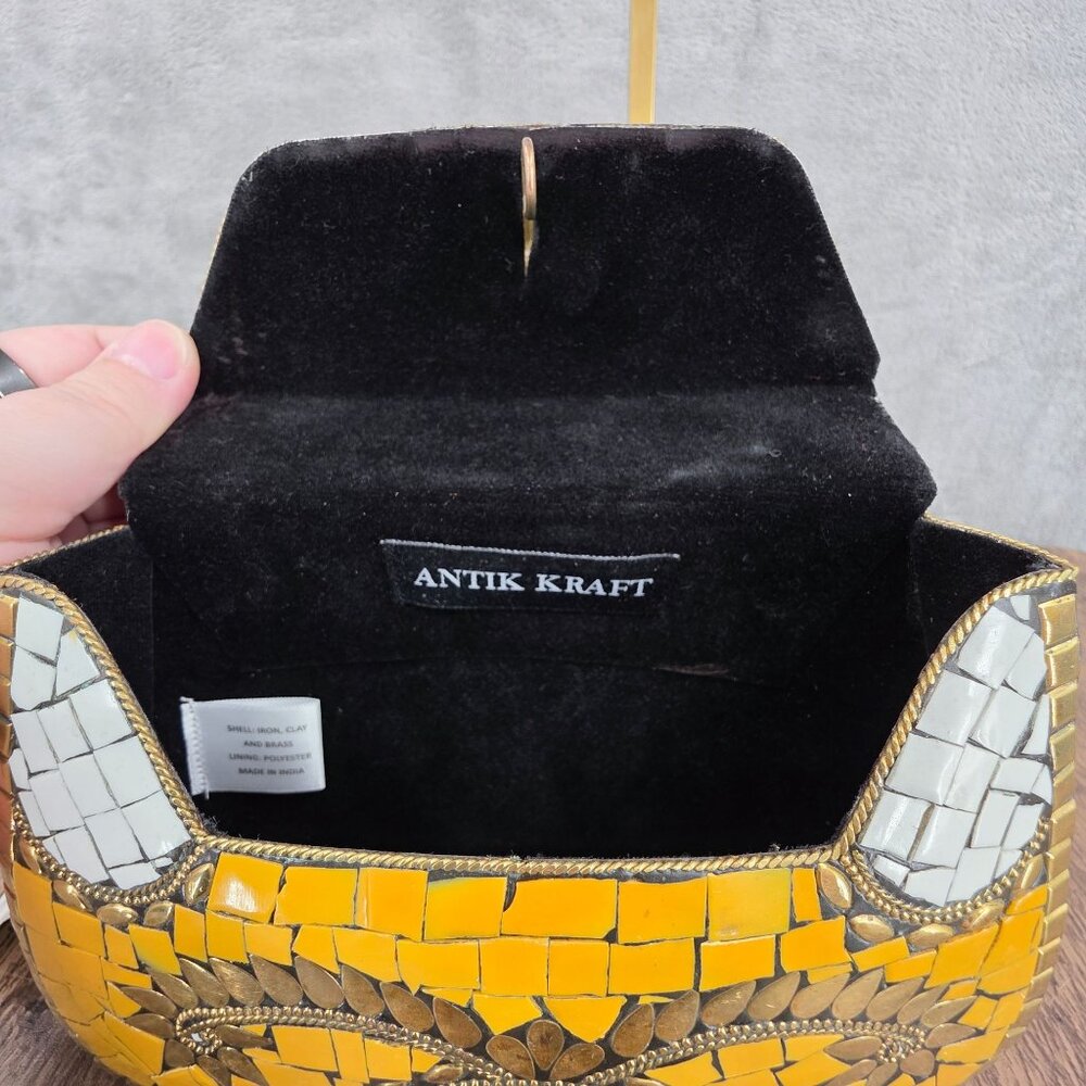 Antik Craft Metal Clutch Crossbody Honey Metallic Gold Mosaic Tile Art Chain New - Picture 2 of 15